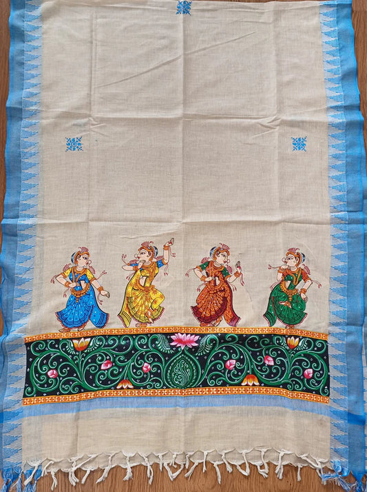 Handpainted Patachitra dupatta cum stole/shawl - Dancing Girls and Shringar Raas- blue