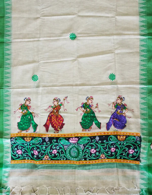 Handpainted Patachitra dupatta cum stole/shawl - Dancing Girls (green)